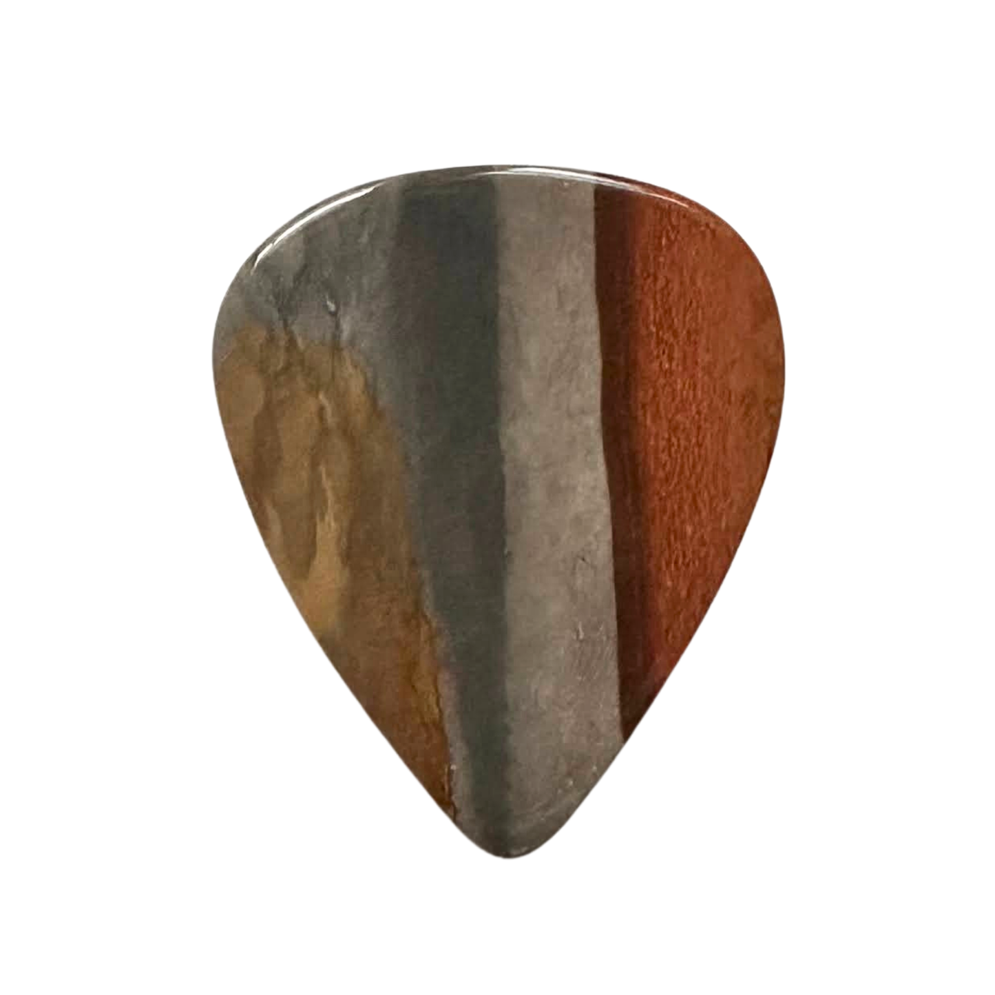 horizontal striped gray, red, brown stone guitar pick