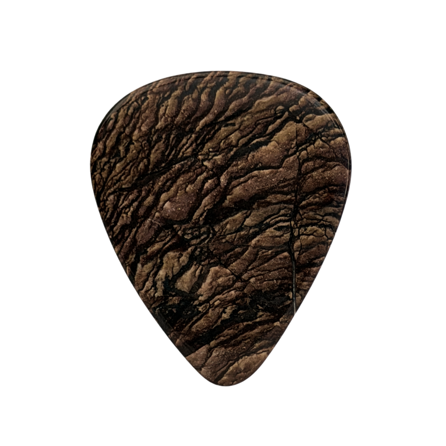 wood patterned handmade stone guitar pick on white background