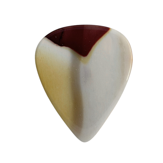 A teardrop-shaped standard stone guitar pick with a marbled pattern of cream, pale yellow, and deep burgundy, isolated on a white background.