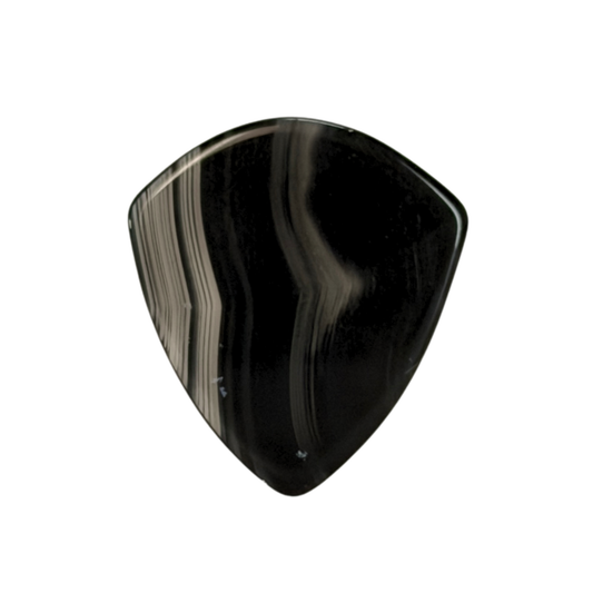 A jazz stone guitar pick with a glossy black and gray agate-like striped pattern, isolated on a solid white background.