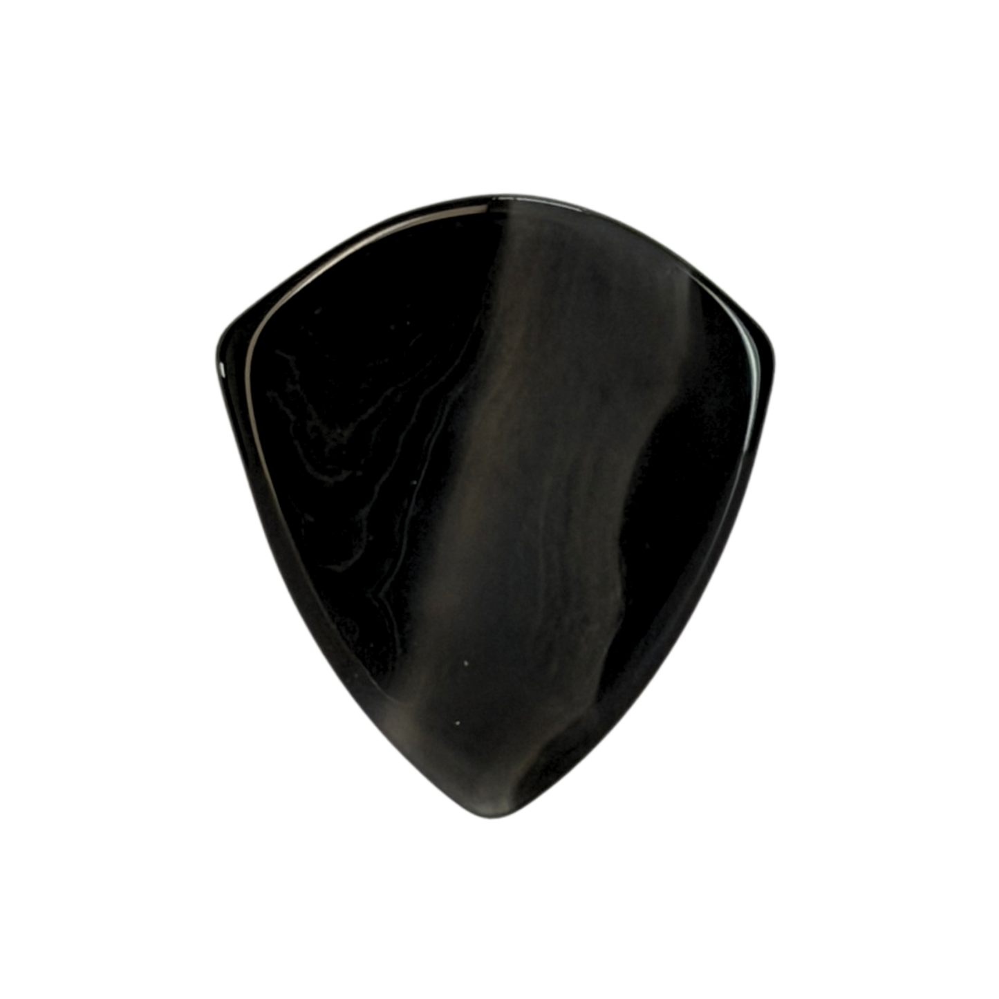 A glossy black stone jazz guitar pick with a smooth, polished surface, centered on a plain white background.
