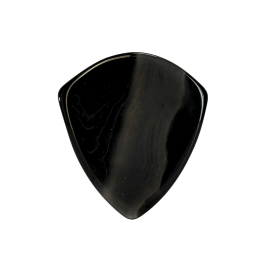 A glossy black stone jazz guitar pick with a smooth, polished surface, centered on a plain white background.