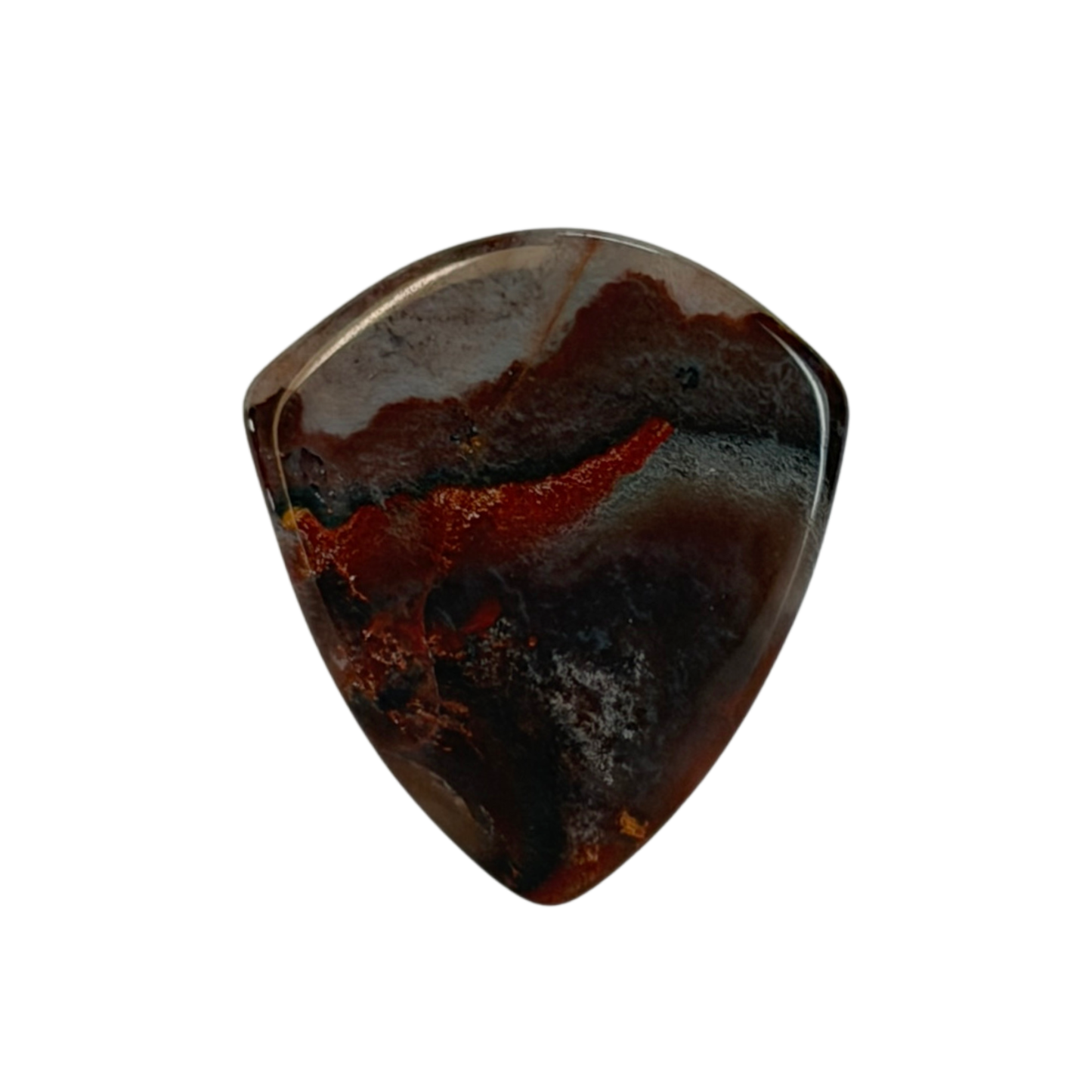 A jazz shaped stone guitar pick with a glossy, marbled resin finish featuring dark black, deep red, and gray patterns, isolated on a white background.