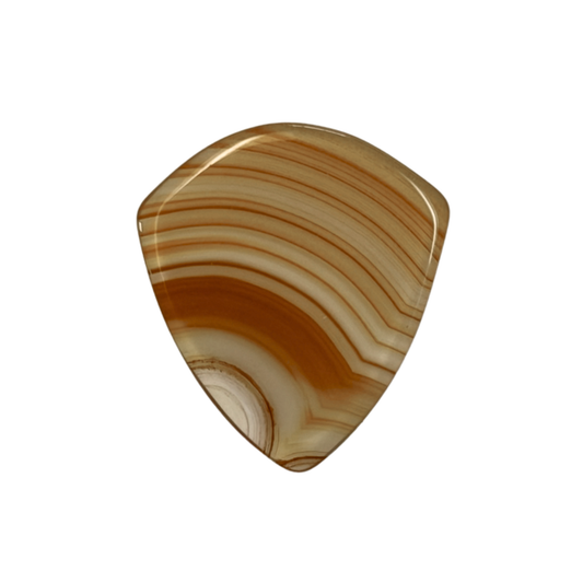 A jazz stone guitar pick made of polished agate with wavy bands of orange, brown, cream, and white, shown on a plain white background.
