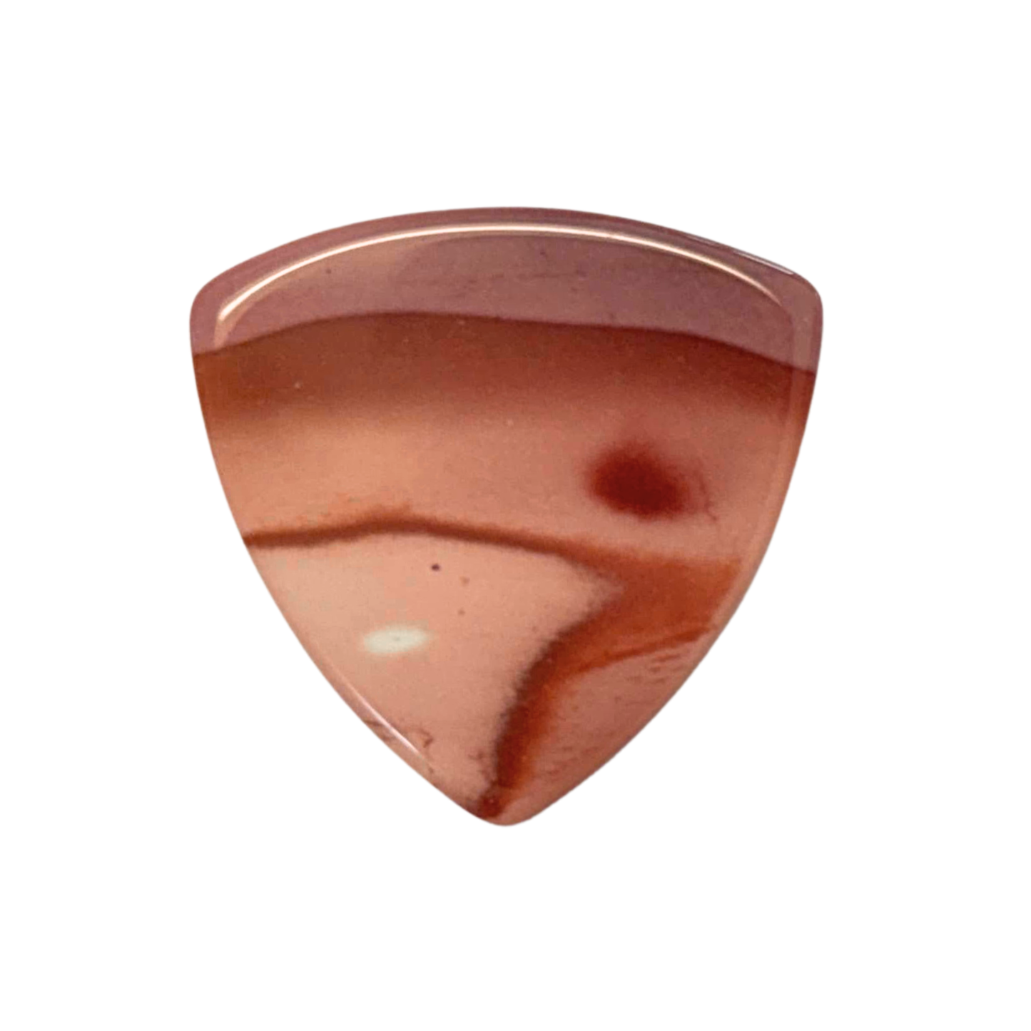 A bass stone guitar pick made of polished jasper with natural marbled patterns in terracotta, reddish-brown, and light peach tones, shown on a solid white background.
