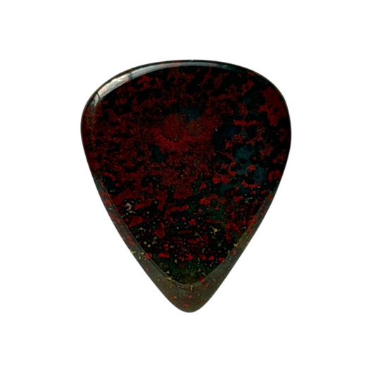 handmade standard stone guitar pick with a glossy, mottled dark red and black pattern, isolated on a solid white background.
