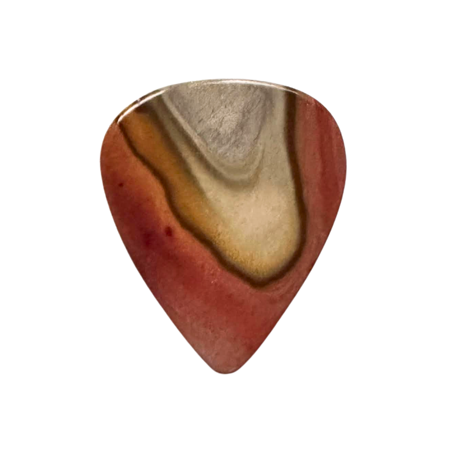 A single stone teardrop-shaped guitar pick with a marbled pattern of rust red, brown, beige, and gray, isolated on a solid white background.