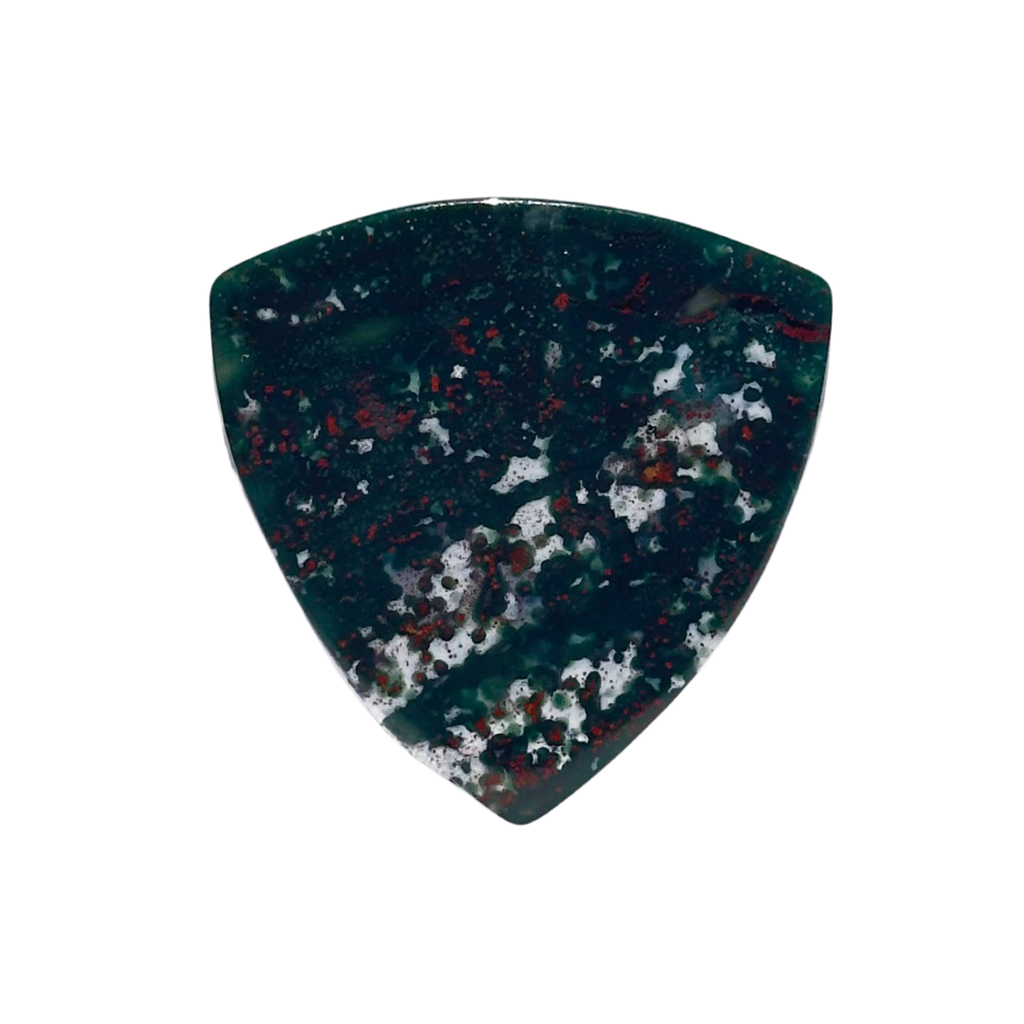 handmade stone bass guitar pick green with red and white striped dots on white background