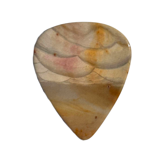 A teardrop-shaped standard stone guitar pick made of polished natural stone with wavy bands of beige, brown, tan, and soft pink, shown on a plain white background.