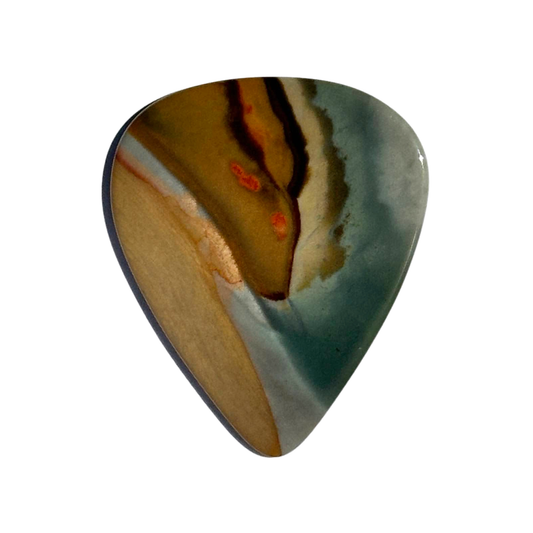 Marbled teal and orange handmade stone guitar pick
