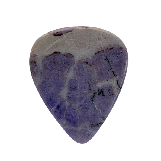 A teardrop-shaped standard stone guitar pick featuring a mottled pattern of deep purple, slate blue, and gray, isolated on a solid white background.