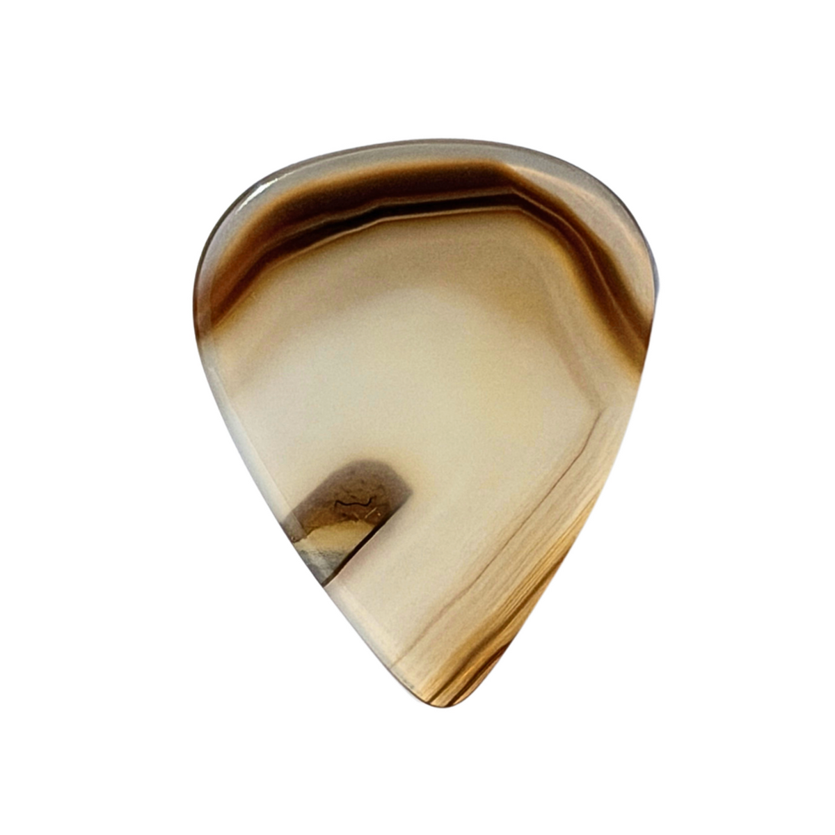 handmade stone guitar pick with varied brown and clear stripes