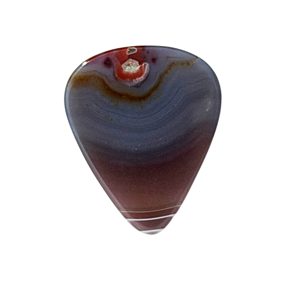 handmade stone guitar pick with striped gray with red and white