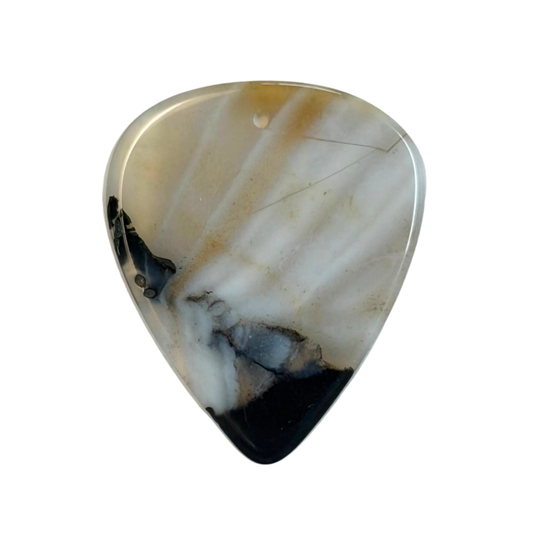 A teardrop-shaped handmade stone guitar pick pendant with a natural agate-like pattern in shades of cream, beige, white, and black, featuring a small hole at the top for hanging.