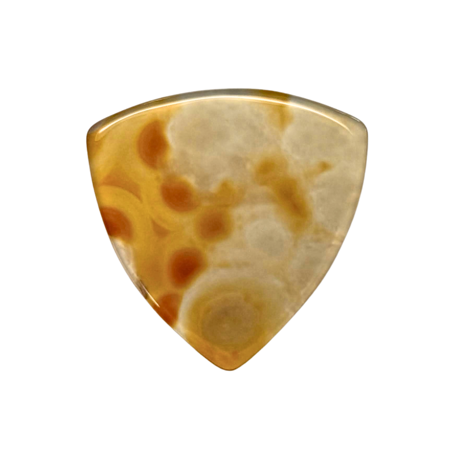A bass stone guitar pick with a polished agate-like pattern in shades of amber, orange, and cream, isolated on a solid white background.