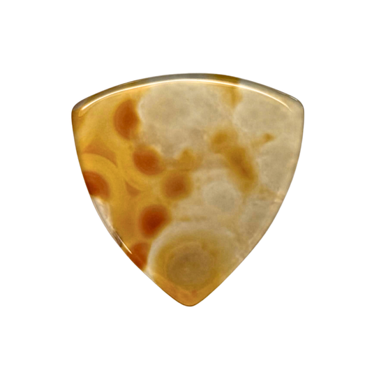 A bass stone guitar pick with a polished agate-like pattern in shades of amber, orange, and cream, isolated on a solid white background.