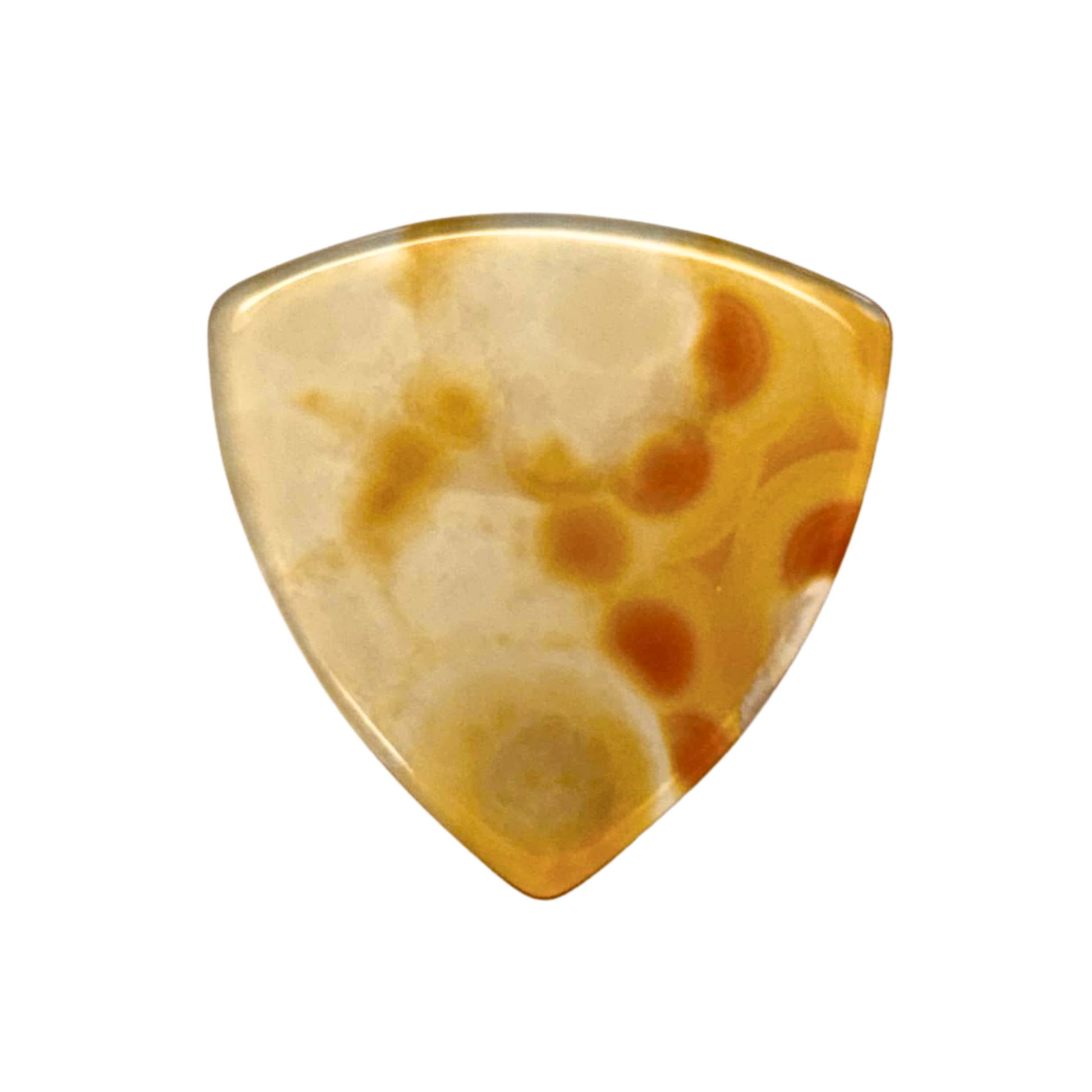 A bass stone guitar pick with a polished agate-like pattern in shades of amber, orange, and cream, isolated on a solid white background.