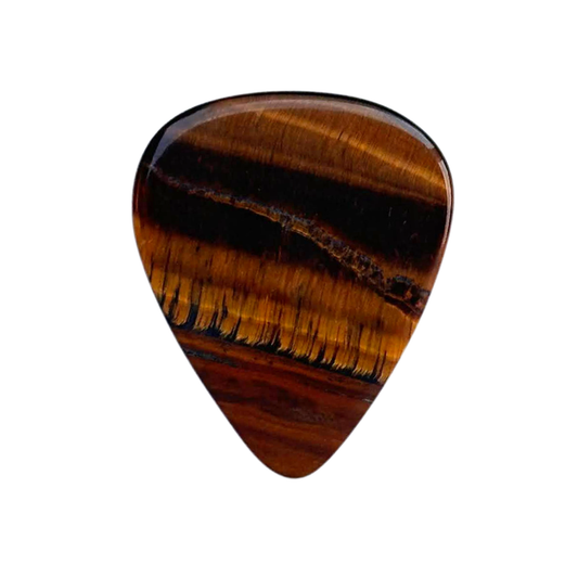 A teardrop-shaped standard stone guitar pick made of polished tiger's eye, showing natural brown and black banded patterns, isolated on a white background.