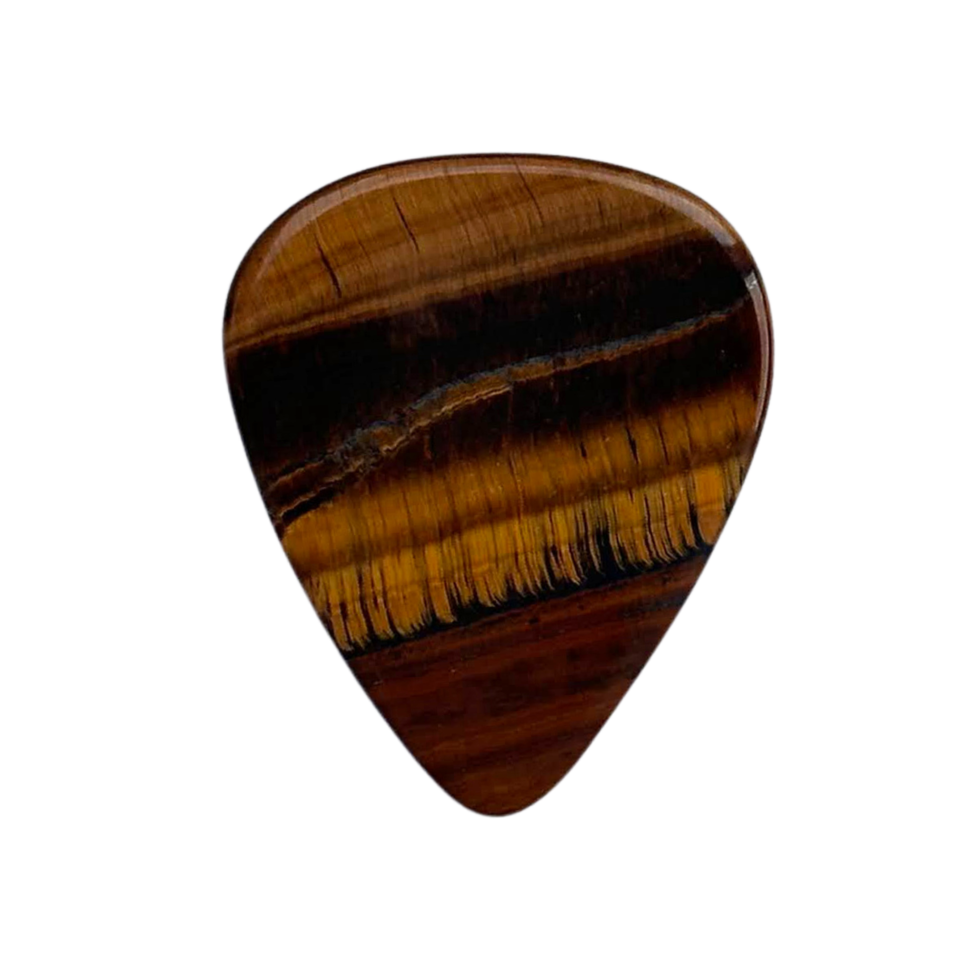 A teardrop-shaped standard stone guitar pick made of polished tiger's eye, showing natural brown and black banded patterns, isolated on a white background.