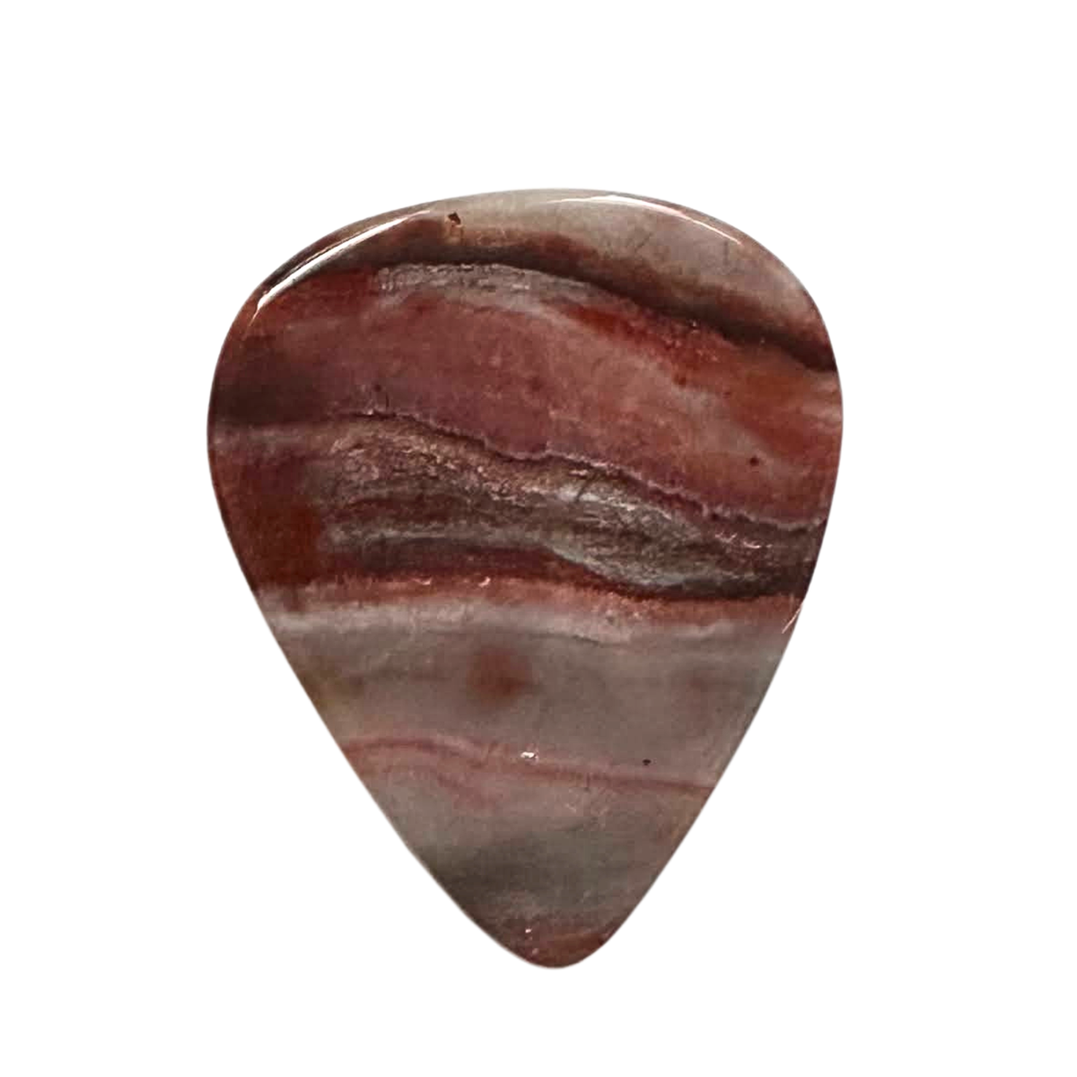 red gray striped handmade stone guitar pick on white background