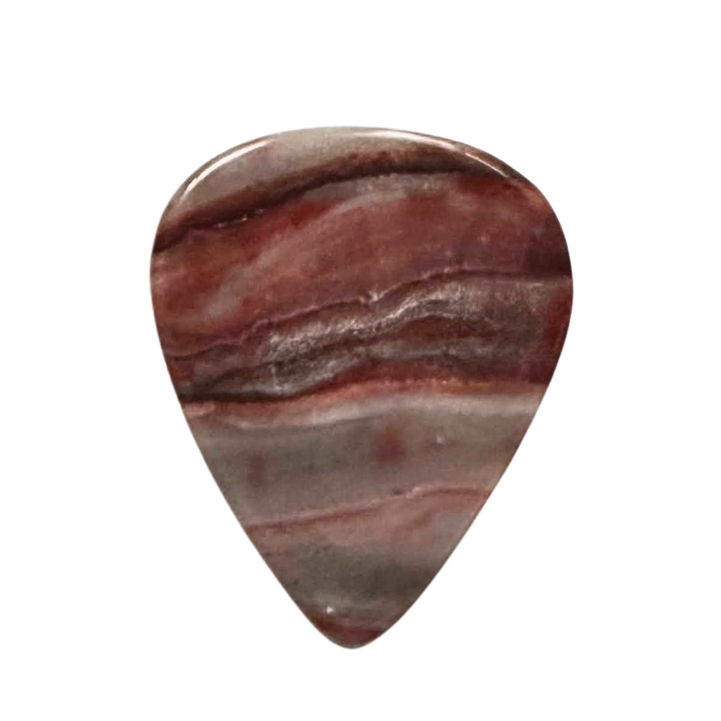 red gray striped handmade stone guitar pick on white background