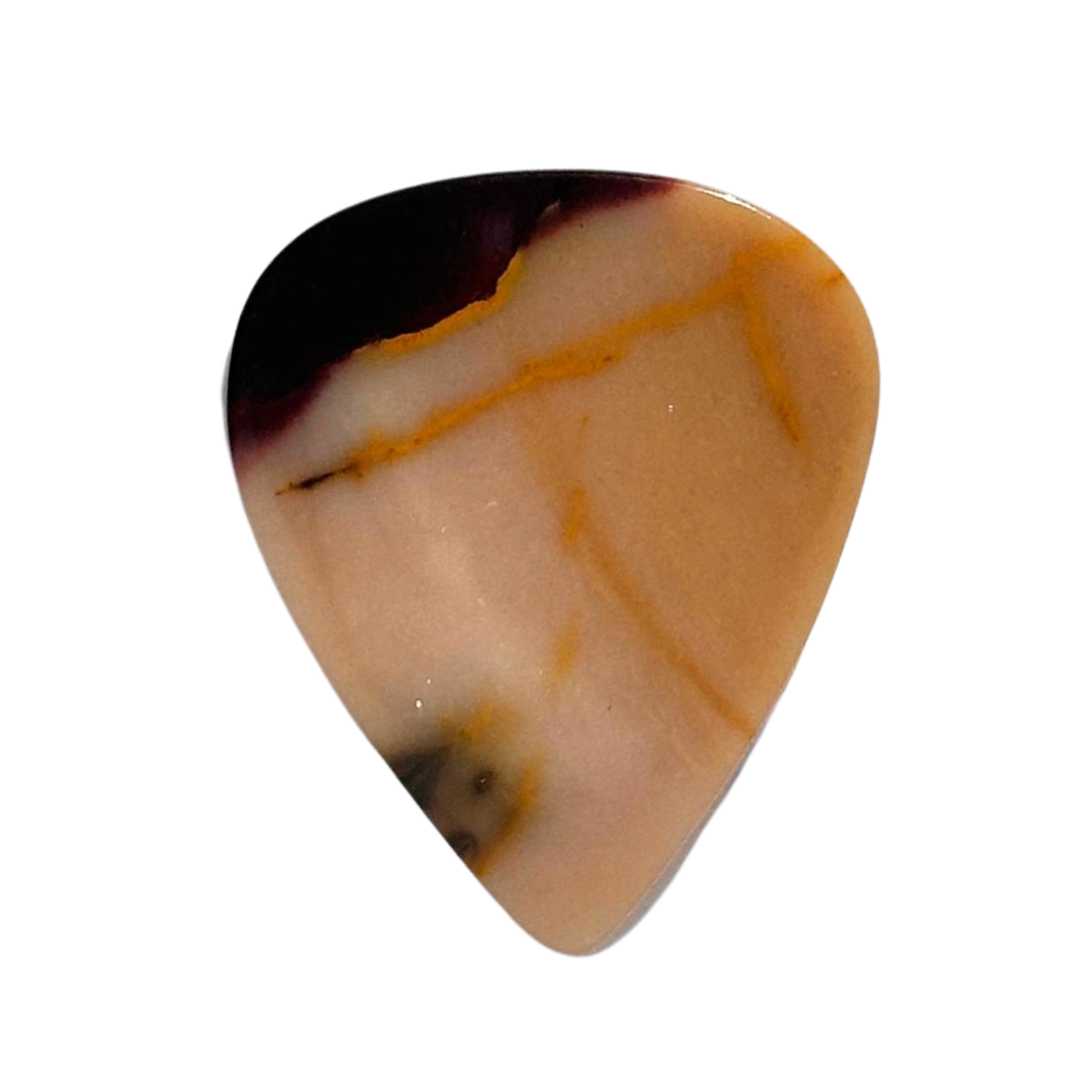 orange tan stone guitar pick with red accent