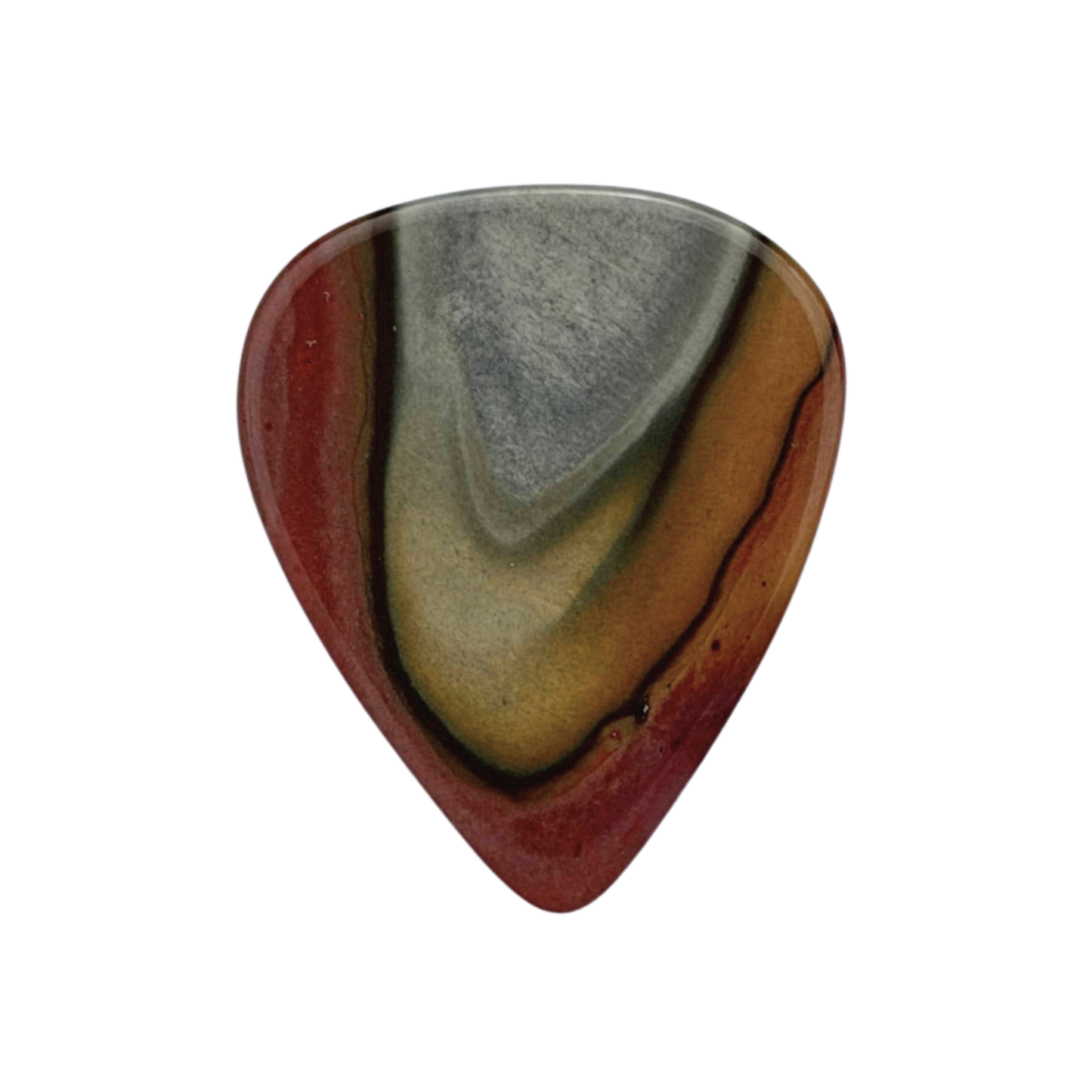 Red, yellowish-gray handmade stone guitar pick on white background