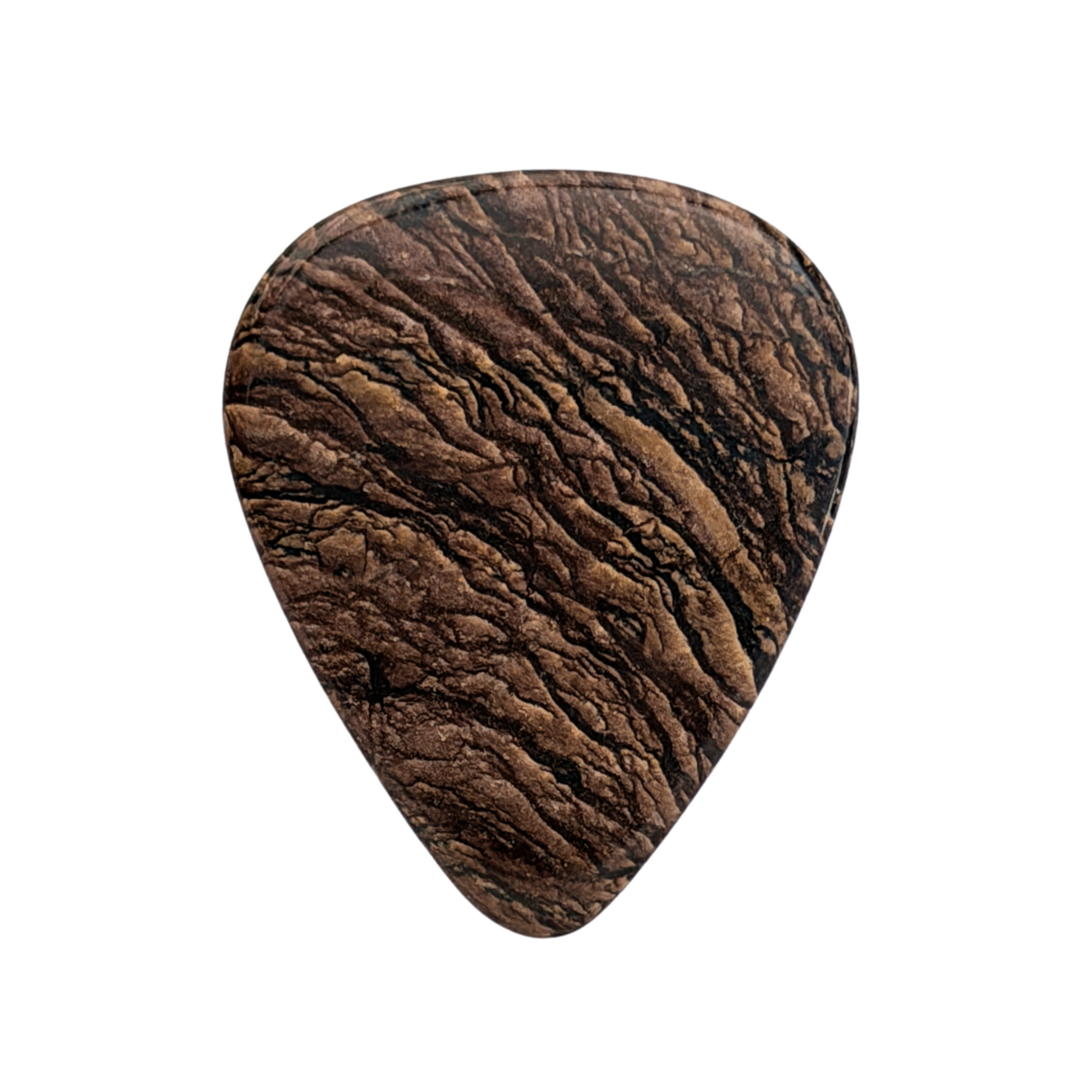 wood patterned handmade stone guitar pick on white background 