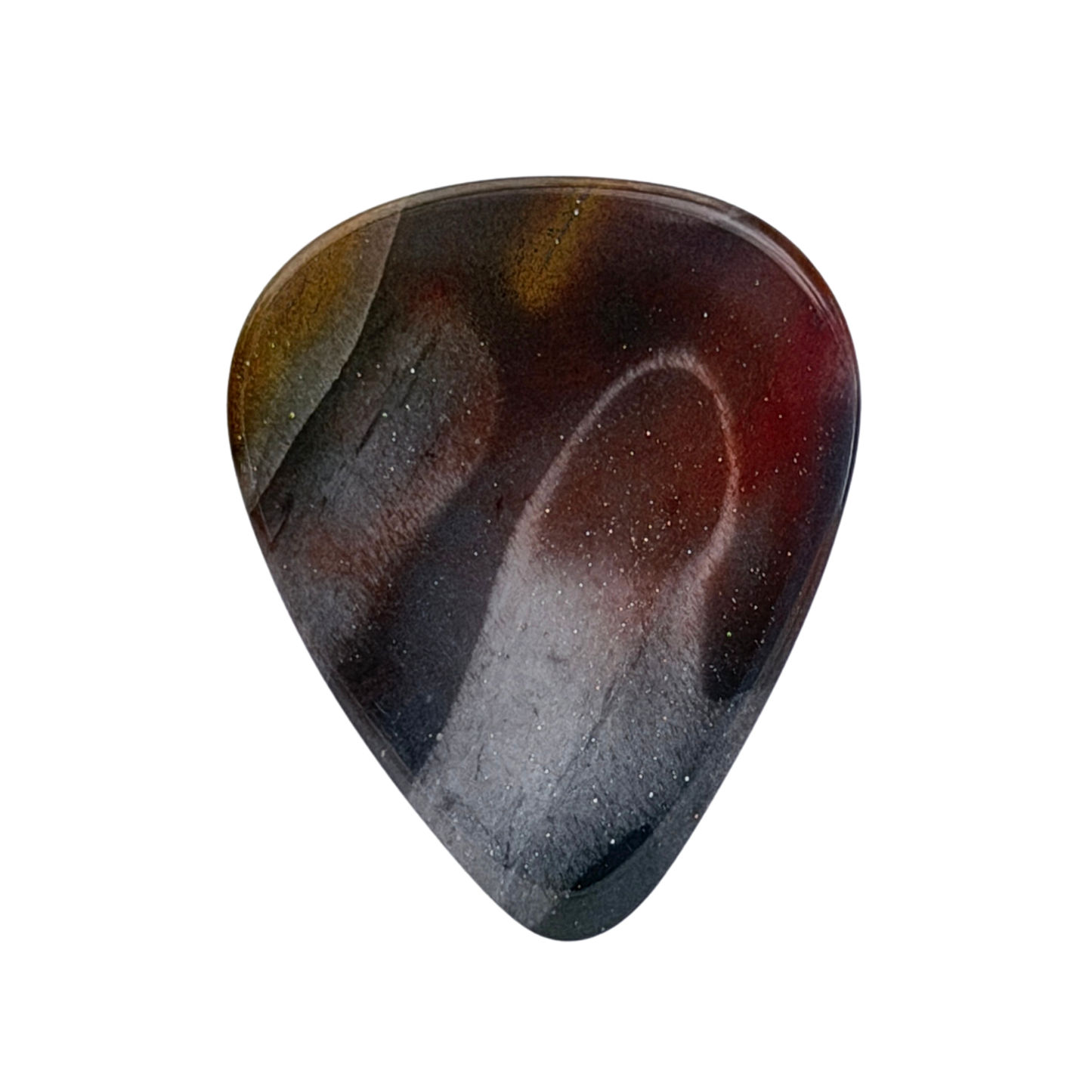 red, yellow and gray handmade stone guitar pick on white background