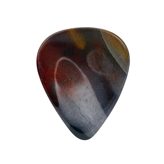 red, yellow and gray handmade stone guitar pick on white background