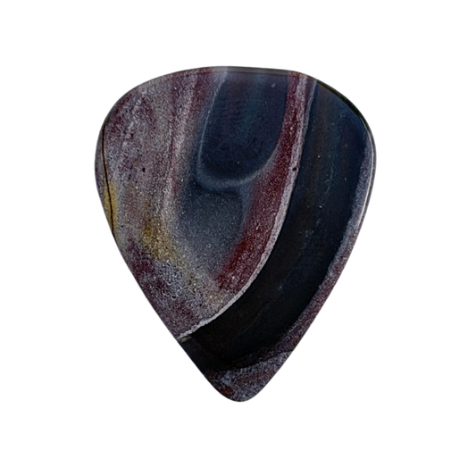 A single teardrop-shaped standard stone guitar pick with a polished agate or jasper stone pattern, featuring dark blue, black, reddish-brown, and subtle gold veining, isolated on a white background.