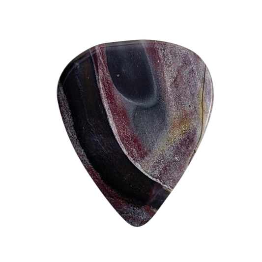 A single teardrop-shaped standard stone guitar pick with a polished agate or jasper stone pattern, featuring dark blue, black, reddish-brown, and subtle gold veining, isolated on a white background.