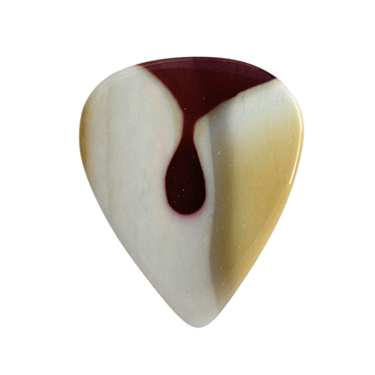 A teardrop-shaped standard stone guitar pick with a marbled pattern of cream, pale yellow, and deep burgundy, isolated on a white background.