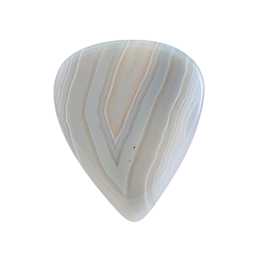 A teardrop-shaped standard stone guitar pick with a polished agate or marble pattern in shades of cream, beige, and off-white, shown on a solid white background.