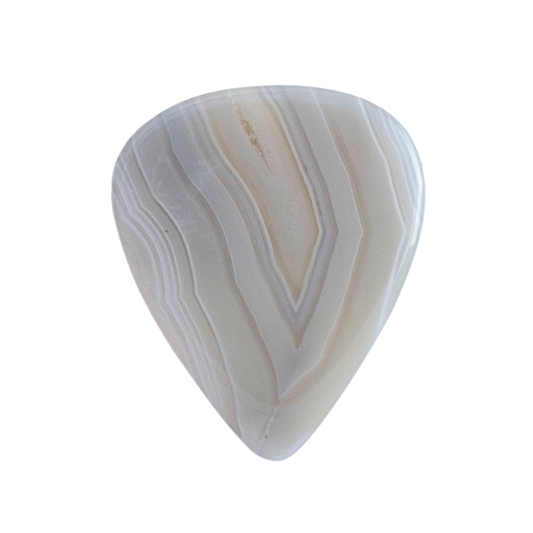 A teardrop-shaped standard stone guitar pick with a polished agate or marble pattern in shades of cream, beige, and off-white, shown on a solid white background.