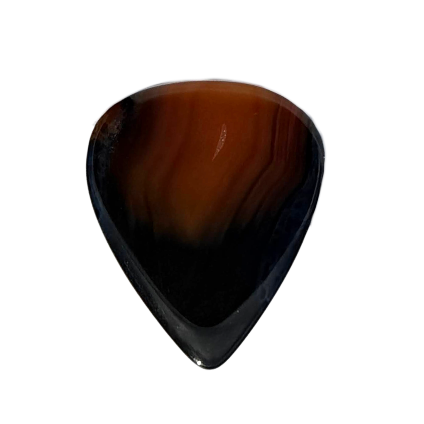 deep orange and black handmade stone guitar pick on white background
