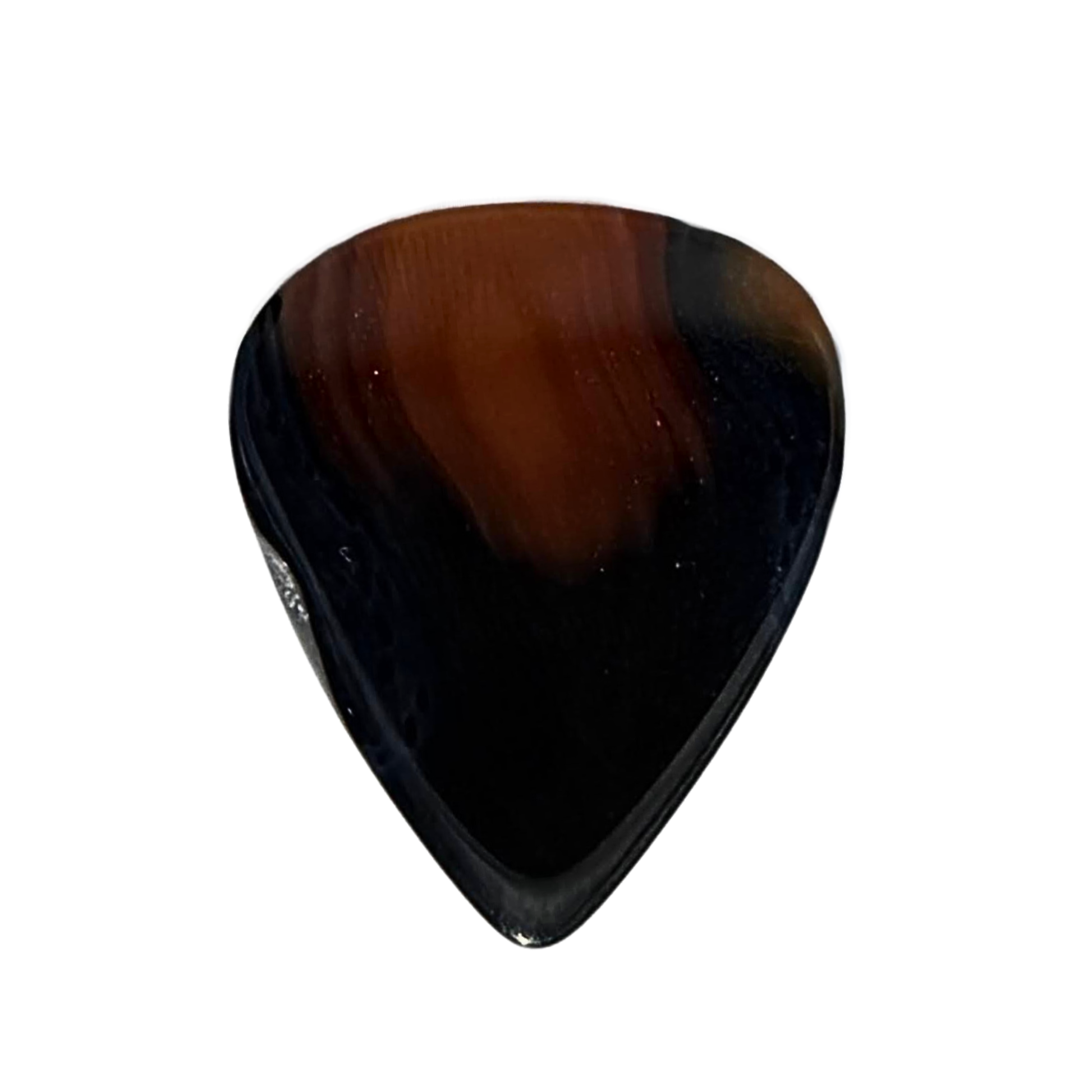 deep orange and black handmade stone guitar pick on white background