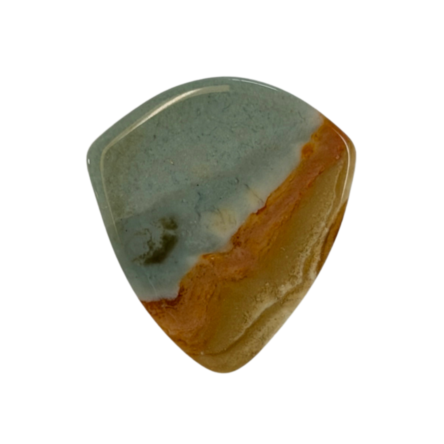 green and orange/brown toned jazz shaped handmade stone guitar pick.