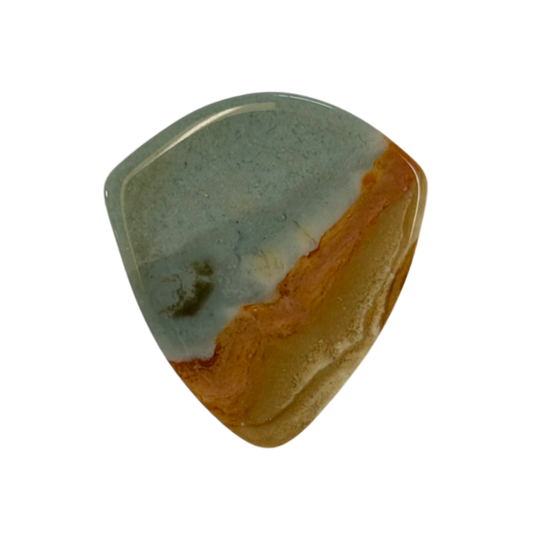 green and orange/brown toned jazz shaped handmade stone guitar pick.