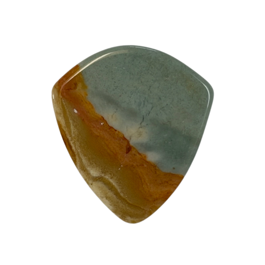green and orange/brown toned jazz shaped handmade stone guitar pick.