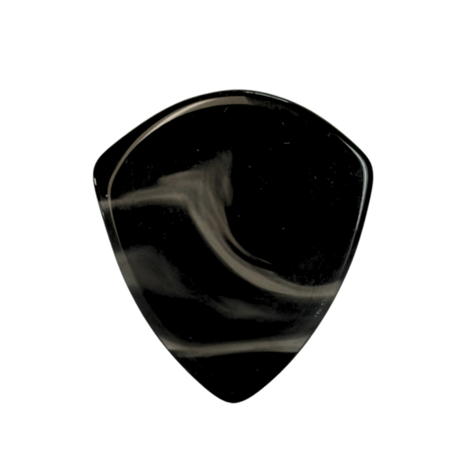 A glossy black stone jazz guitar pick with a subtle white marbled swirl pattern, shown against a solid white background.