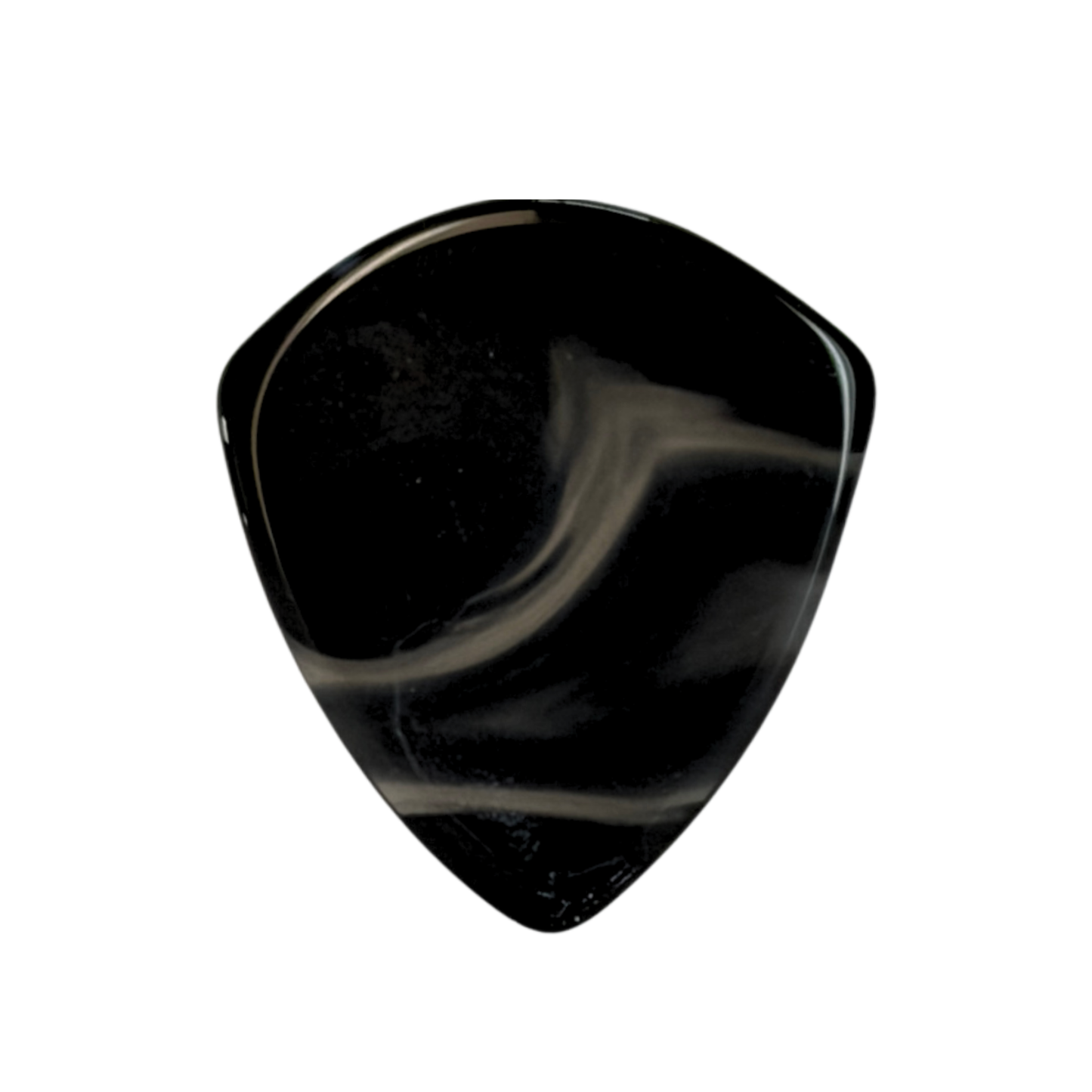 A glossy black stone jazz guitar pick with a subtle white marbled swirl pattern, shown against a solid white background.