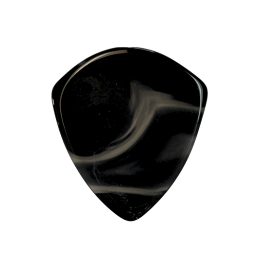 A glossy black stone jazz guitar pick with a subtle white marbled swirl pattern, shown against a solid white background.