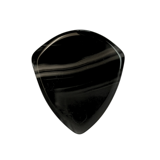 A glossy black guitar pick with natural banding and striated patterns, isolated on a solid white background.
