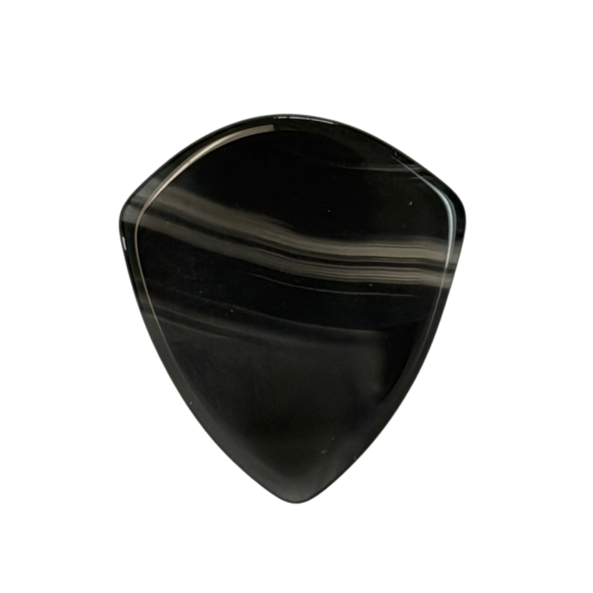 A glossy black guitar pick with natural banding and striated patterns, isolated on a solid white background.