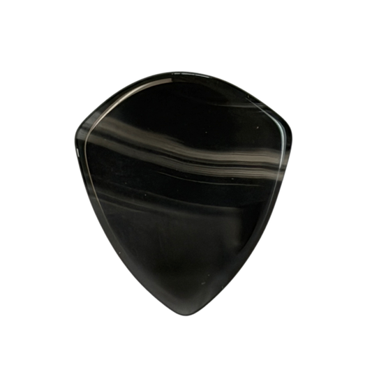 A glossy black guitar pick with natural banding and striated patterns, isolated on a solid white background.