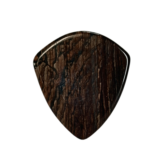 A single stone guitar pick with a dark brown wood grain pattern, shown against a plain white background.