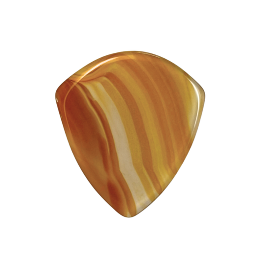 A single guitar pick with a glossy, marbled pattern of warm amber, orange, and light cream stripes, isolated on a solid white background.