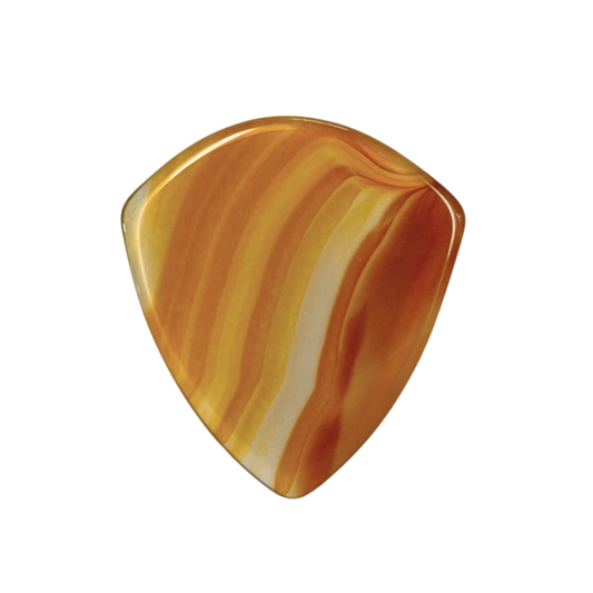 A single guitar pick with a glossy, marbled pattern of warm amber, orange, and light cream stripes, isolated on a solid white background.