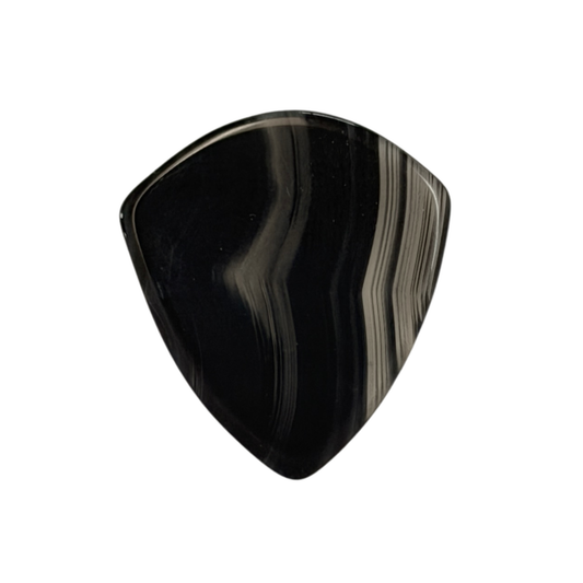 A jazz stone guitar pick with a glossy black and gray agate-like striped pattern, isolated on a solid white background.
